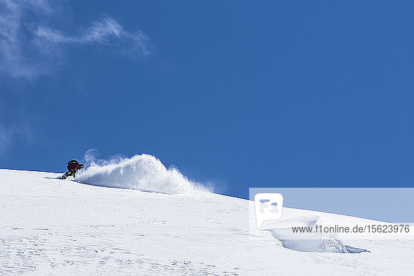 Die professionelle Snowboarderin Helen Schettini fährt an einem sonnigen Tag beim Snowboarden in Haines  Alaska  durch frischen Pulverschnee.