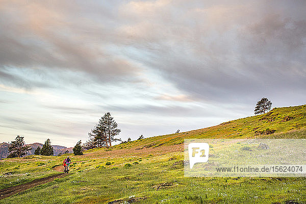 Zwei junge Frauen fahren mit dem Mountainbike auf einem einspurigen Weg durch grünes Gras im frühen Morgenlicht.