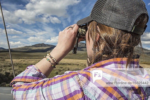 Eine Frau entdeckt auf einer Fahrt durch den Yellowstone Bison.