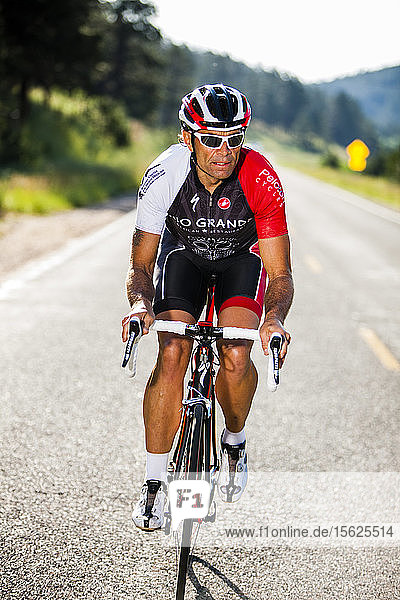 Walter Durrer  cyclist of Team Rio  rides his bike up Rist Canyon.