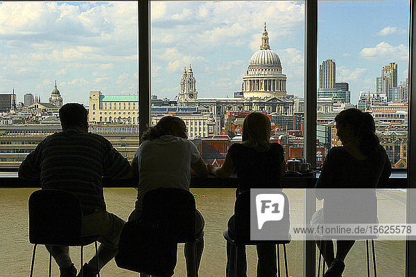 Rückansicht von Touristen  die durch ein Fenster auf die St. Paul's Cathedral  London  England  UK  blicken