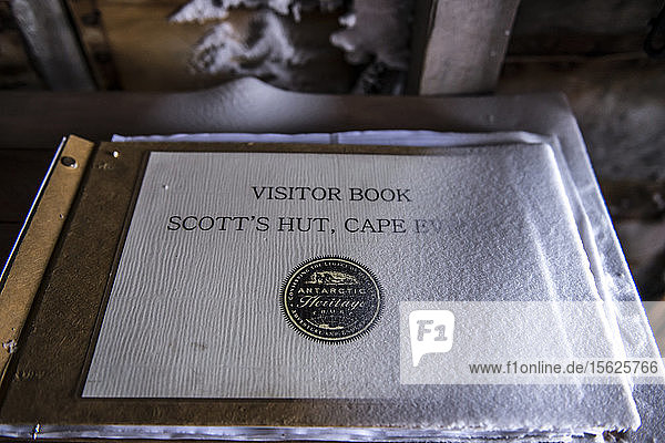 The visitor book at Captain Robert Falcon Scott's Hut, Cape Evans, Antarctica.