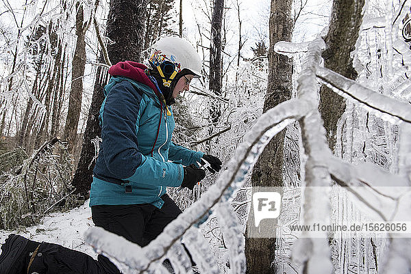 Ein Forscherteam stellt einen Eissturm während des Winters in den White Mountains von New Hampshire nach. Das Team untersucht die Auswirkungen von Eisstürmen auf Böden  Bäume  Vögel und Insekten.