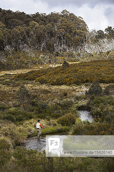 Fly fishing in the streams of Australia's Snowy Mountains.