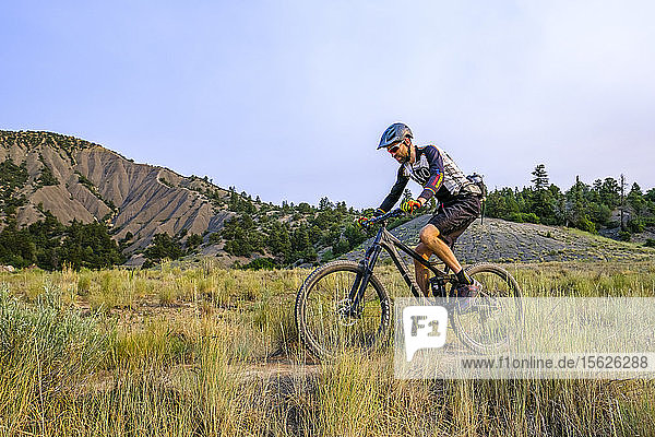 Male Mountain Biker rides down Hogs back near Durango  Colorado  USA