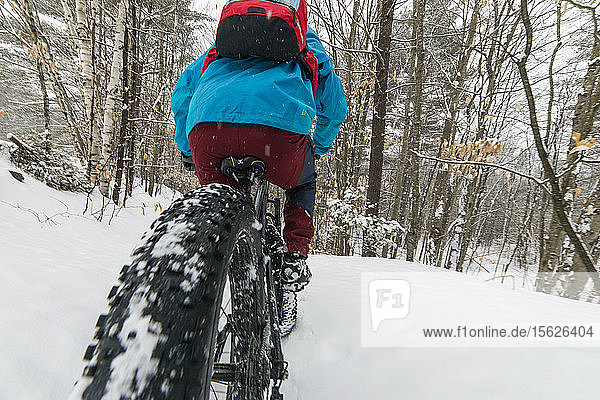 Riding a fat tire bike in a snowy forest.