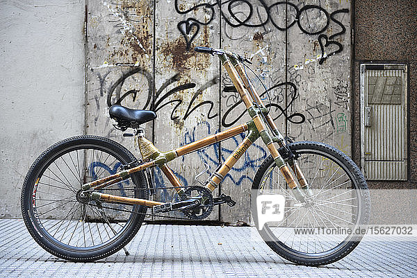 Ein Blick auf ein Bambus-Fahrrad  das gegen eine Graffiti-Wand in Buenos Aires  Argentinien steht