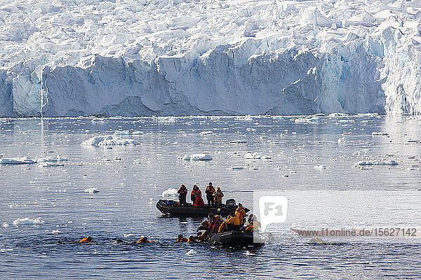Mitglieder einer Expeditionskreuzfahrt in die Antarktis beim Seekajakfahren und Schwimmen in der Paradise Bay unterhalb des Mount Walker auf der antarktischen Halbinsel. Die antarktische Halbinsel ist eines der sich am schnellsten erwärmenden Gebiete der Erde.