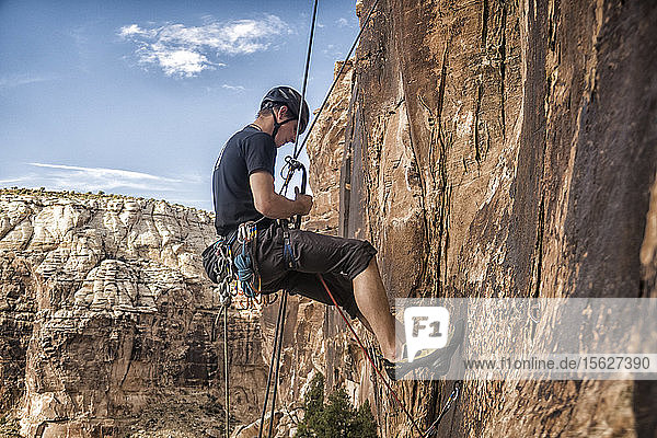 Tyler Price climbs a route in the sandstone of Buckhorn Wash in the San Rafael Swell  Utah.