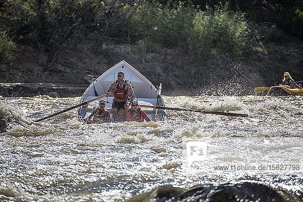 Ein Dory-Boot fährt durch Stromschnellen im Abschnitt Desolation/Gray Canyon des Green River  Utah  USA