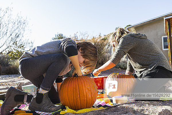 Ein Teenager-Mädchen und ihr Bruder schnitzen an Halloween Kürbisse.