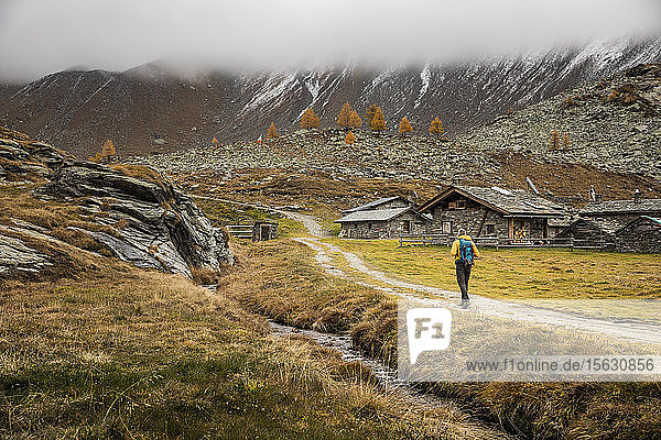 Wanderer der im Herbst durch die Hochebene der Alpen wandert Sondrio Italien