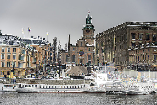Ships in front of old town in winter  Stockholm  Sweden
