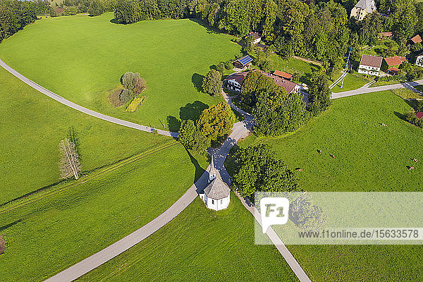 Aerial view of Chapel St. Leonhard at Harmating  Germany