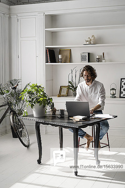 Man sitting at table at home using laptop