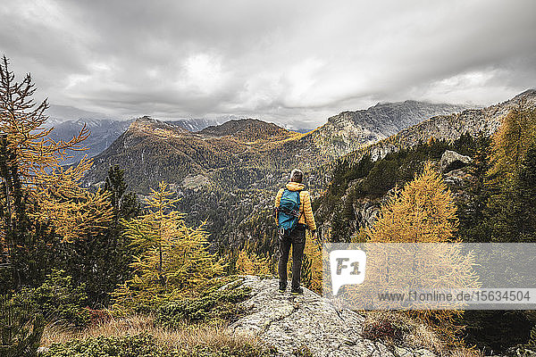 Wanderer steht und blickt im Herbst über das Alpenplateau  Sondrio  Italien
