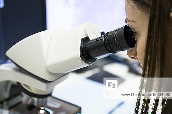 Junge Frau untersucht Proben mit dem Mikroskop  während sie in einem modernen Labor arbeitet