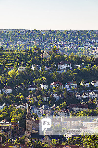 Kirchen- und Wohngebäude inmitten von Bäumen an der Hasenbergsteige  Stuttgart  Baden-WÃ¼rttemberg  Deutschland