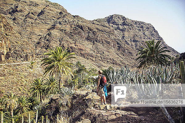 Hiker looking to mountain  El Guro  Valle Gran Rey  La Gomera  Spain