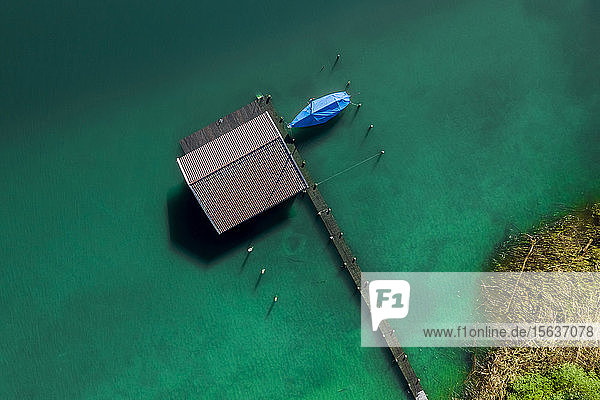 Deutschland,  Bayern,  Luftaufnahme des am grünen Ufer des Chiemsees stehenden Bootshauses