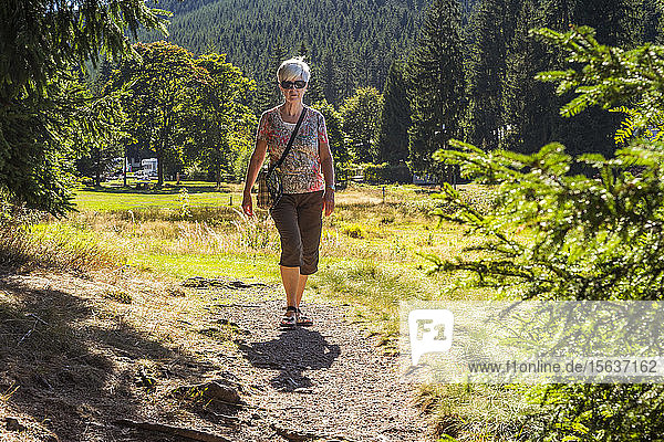 Ältere Frau wandert auf Waldweg  Oberhof  Thüringen  Deutschland