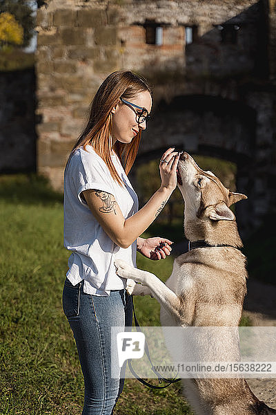 Lächelnde junge Frau mit ihrem Hund im Freien