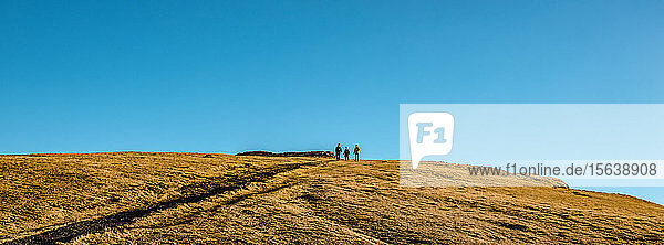 People standing on a hill against a blue sky near Reykjanes Lighthouse Reykjanes Peninsula; Iceland