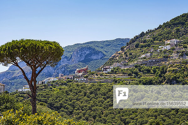 Häuser auf einem Hügel in der Landschaft oberhalb der Amalfiküste; Ravello  Salerno  Italien