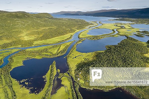 Luftaufnahme  Drohnenaufnahme  mäandernde Flusslandschaft des Rapa Valley bei Nikkaluokta  Nationalpark Sarek  Norrbottens län  Schweden  Europa