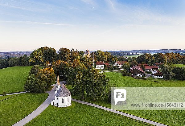 Chapel St. Leonhard and Castle Harmating  Harmating  near Egling  Tölzer Land  aerial view  Upper Bavaria  Bavaria  Germany  Europe