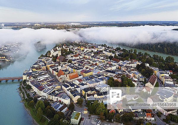 Old town in river bend of the Inn at dawn and fog  moated castle am Inn  aerial view  Upper Bavaria  Bavaria  Germany  Europe