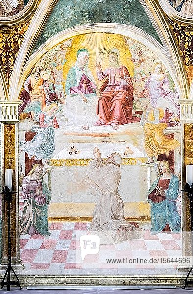 Christus und Maria erscheinen dem Heiligen Franziskus  Fresko von Tiberio d'Assisi  1512  Renaissance  Capella delle Rose  Kloster San Fortunato  Montefalco  Provinz Perugia  Umbrien  Italien  Europa