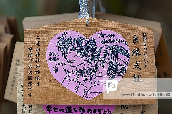Herz mit Liebesbotschaft  geschriebene Wünsche an Gottheiten auf kleinen Holztafeln  Wunschtafeln  Ema  Shinto-Schrein  Nikko  Japan  Asien