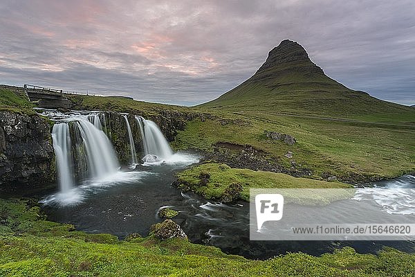Waterfall in landscape of West Iceland  Vesturland  Iceland  Europe