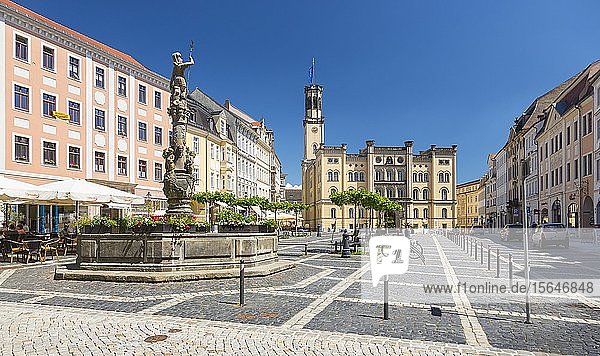 Market square with town hall and fountains  Marsbrunnen or Rolandbrunnen  Zittau  Saxony  Germany  Europe