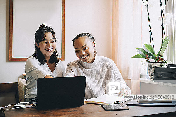 Lächelnde Teenager-Mädchen arbeiten am Laptop  während sie am Tisch im Wohnzimmer lernen