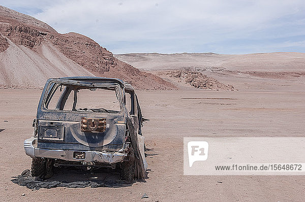 Abandoned off road vehicle in desert  San Pedro de Atacama  Chile