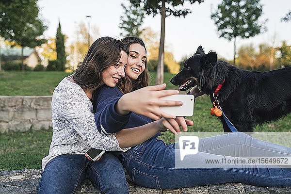 Sisters taking selfie with dog in park