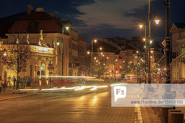 Krakowskie Przedmiescie at night in Warsaw  Masovia  Poland