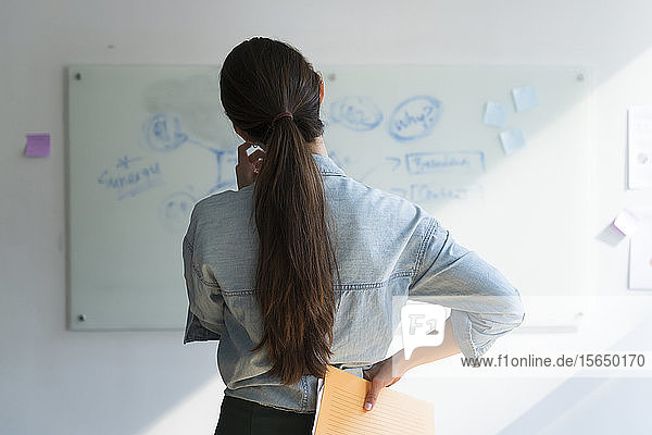 Businesswoman thinking in front of whiteboard