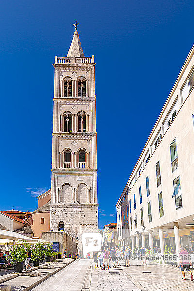 Blick auf ein belebtes Restaurant und die Kathedrale der Heiligen Anastasia  Zadar  Gespanschaft Zadar  Region Dalmatien  Kroatien