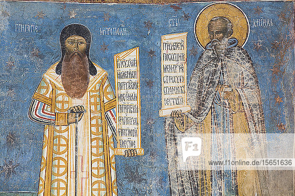 Fresco of Mitropoli and St. Daniel Voronet Monastery 1487 UNESCO World Heritage Site Gura Humorului Suceava County Romania