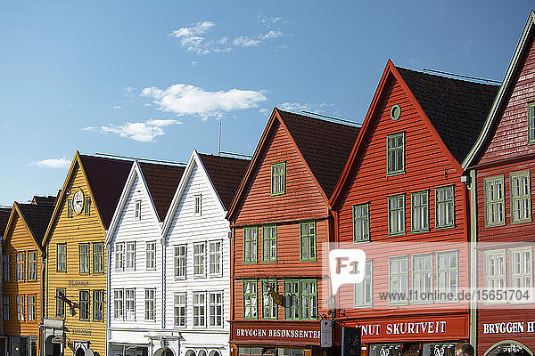 Colourfully painted timber buildings in Bryggen the old harbour in Bergen UNESCO World Heritage Site Bergen Vestlandet Norway Scandinavia