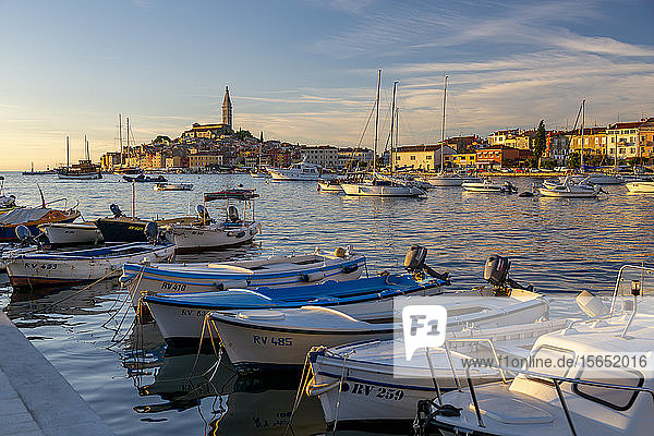 Blick auf den Hafen und die Altstadt mit der Kathedrale der Heiligen Euphemia bei Sonnenuntergang  Rovinj  Istrien  Kroatien  Adria