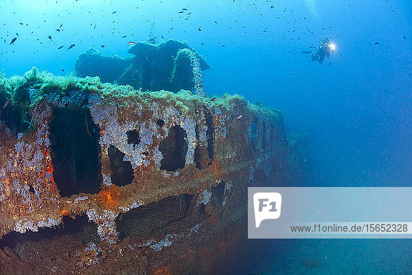 France Corsica Sunken shipwreck of Alcione C tanker with scuba diver in background