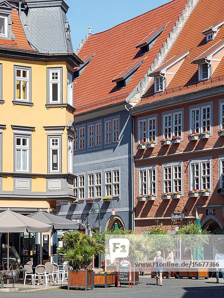 Old town houses buildt with traditionl timber framing at the square Neumarkt. The medieval town and spa Bad Langensalza in Thuringia. Europe  Central Europe  Germany.