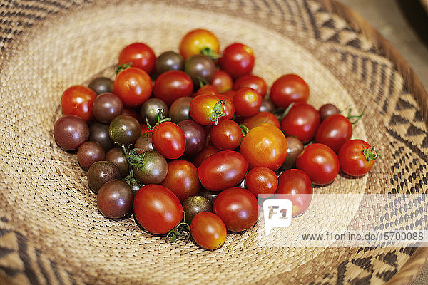 Nahaufnahme einer Schüssel frischer Tomaten in einem Hofladen aus einem hohen Winkel.