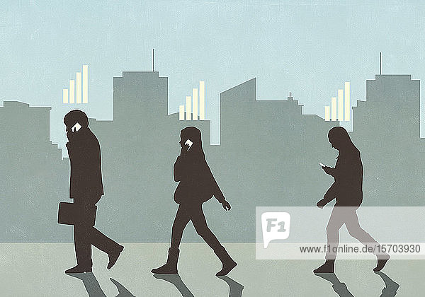 Mobilfunkempfangsbalken über Fußgängern  die in der Stadt spazieren gehen und Smartphones benutzen
