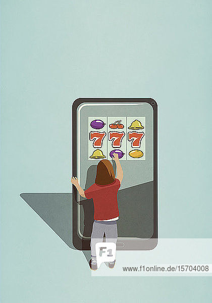 Mädchen spielt Spielautomat Spiel auf großen Smartphone