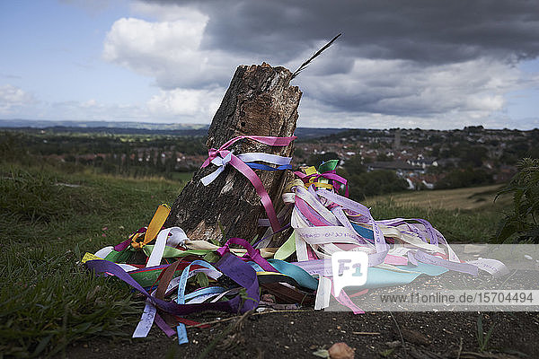 Bunte Bänder um den Glastonbury Holy Thorn Tree  Glastonbury  England
